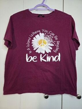 ☀️Lilicloth Women's L Burgundy "Be Kind" Short Sleeve Graphic Daisy Peace Tee